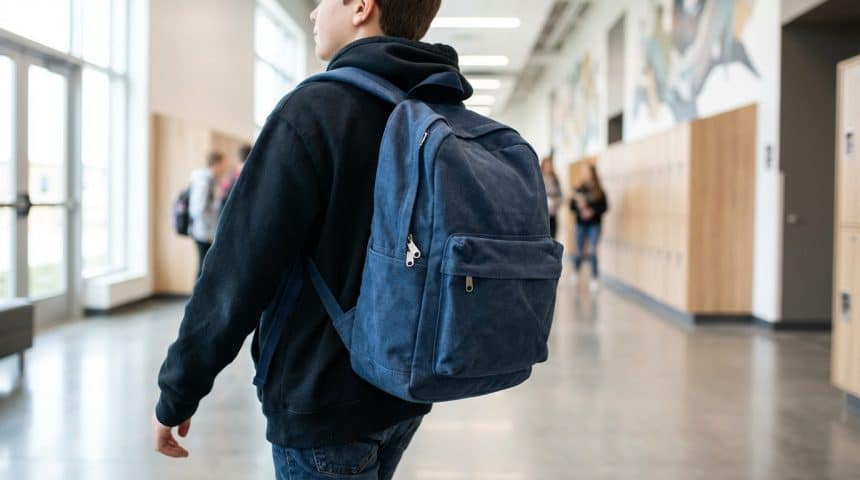 Jeune collégien de dos avec un sac à dos bleu. Il marche dans un couloir d'école avec des casiers et d'autres élèves.