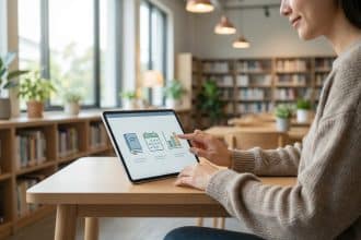 Une jeune femme consulte une tablette affichant des icônes d'apprentissage dans un espace de travail lumineux.
