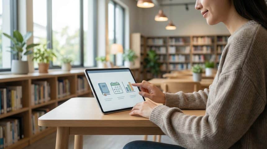 Une jeune femme consulte une tablette affichant des icônes d'apprentissage dans un espace de travail lumineux.