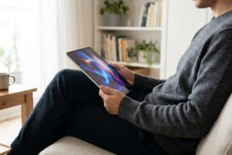 Un homme assis confortablement sur un canapé, tenant une tablette affichant un écran coloré, avec une bibliothèque en arrière-plan.