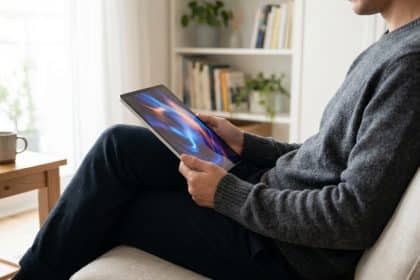 Un homme assis confortablement sur un canapé, tenant une tablette affichant un écran coloré, avec une bibliothèque en arrière-plan.