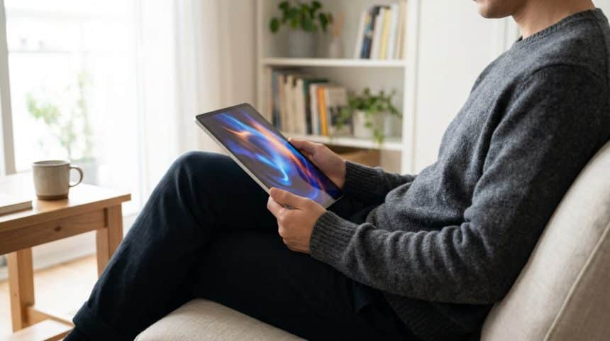 Un homme assis confortablement sur un canapé, tenant une tablette affichant un écran coloré, avec une bibliothèque en arrière-plan.