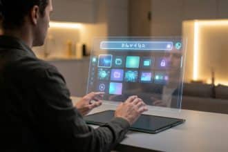 Homme interagit avec une interface holographique transparente affichant des icônes d'applications, un champ de recherche et des symboles de sécurité, dans un cadre moderne.