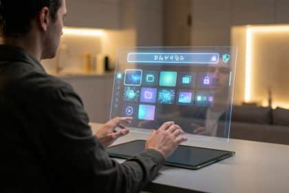 Homme interagit avec une interface holographique transparente affichant des icônes d'applications, un champ de recherche et des symboles de sécurité, dans un cadre moderne.