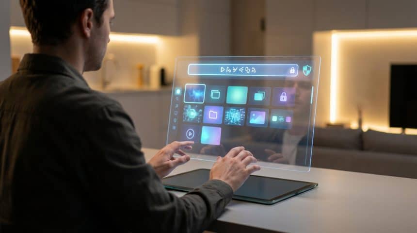 Homme interagit avec une interface holographique transparente affichant des icônes d'applications, un champ de recherche et des symboles de sécurité, dans un cadre moderne.