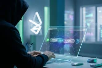 Une personne masquée utilise un écran futuriste. L'écran affiche 'SEARCHING... NEW URL... VALID LINK...' et un logo VPN sécurisé.