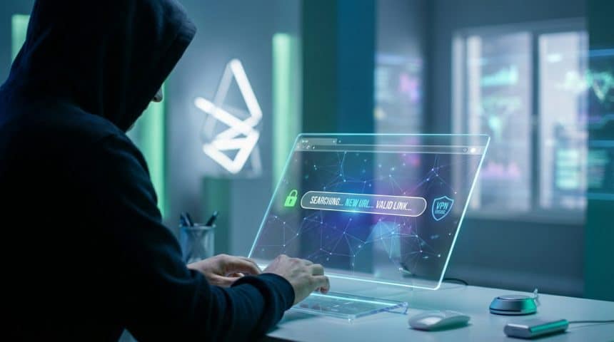 Une personne masquée utilise un écran futuriste. L'écran affiche 'SEARCHING... NEW URL... VALID LINK...' et un logo VPN sécurisé.