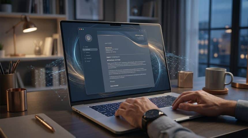 Mains tapant sur un ordinateur portable affichant un modèle de lettre officielle et des visuels de connexion numérique sur un bureau.