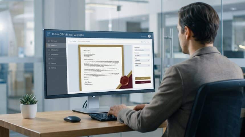 Un homme crée une lettre officielle avec un logiciel sur un ordinateur de bureau, affichant un modèle de lettre avec sceau.