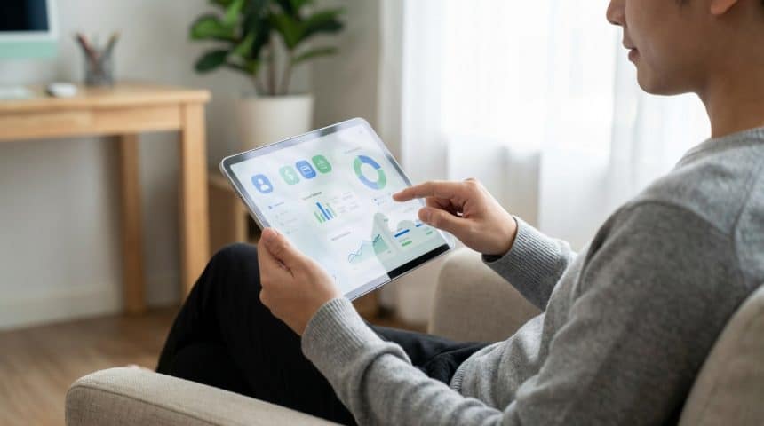 Personne utilisant une tablette affichant un tableau de bord financier avec graphiques, icônes bancaires. Contexte de gestion de compte en ligne.