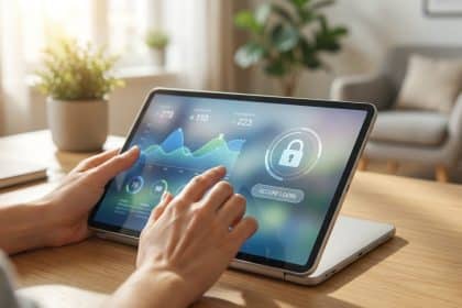 Mains utilisant une tablette affichant des données financières et un bouton de connexion sécurisée sur un bureau en bois.