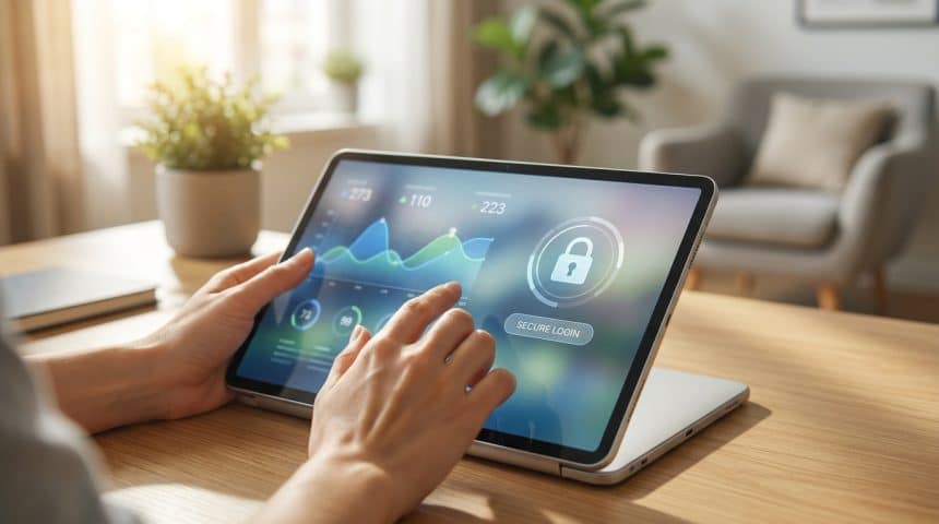 Mains utilisant une tablette affichant des données financières et un bouton de connexion sécurisée sur un bureau en bois.