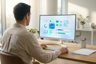 Homme de dos utilisant un ordinateur de bureau. L'écran affiche un tableau de bord avec graphiques, dossiers et indicateurs de performance.