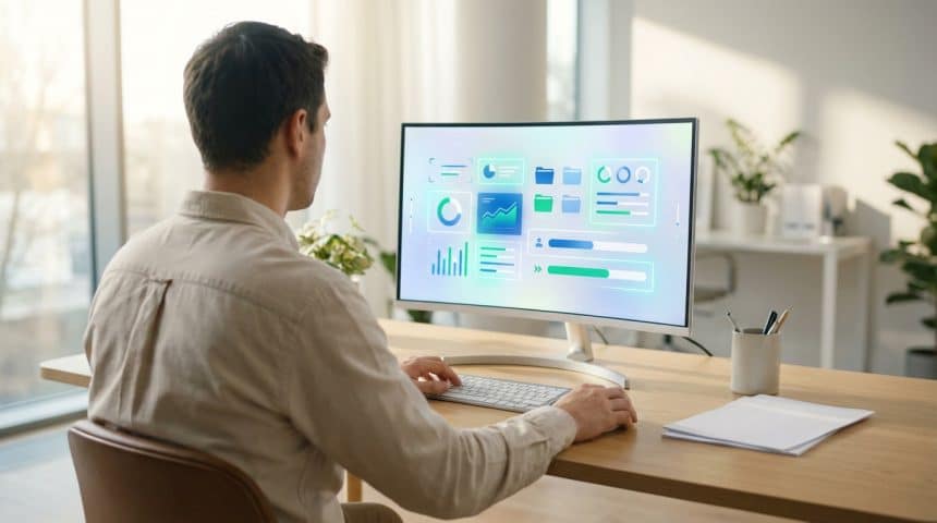 Homme de dos utilisant un ordinateur de bureau. L'écran affiche un tableau de bord avec graphiques, dossiers et indicateurs de performance.