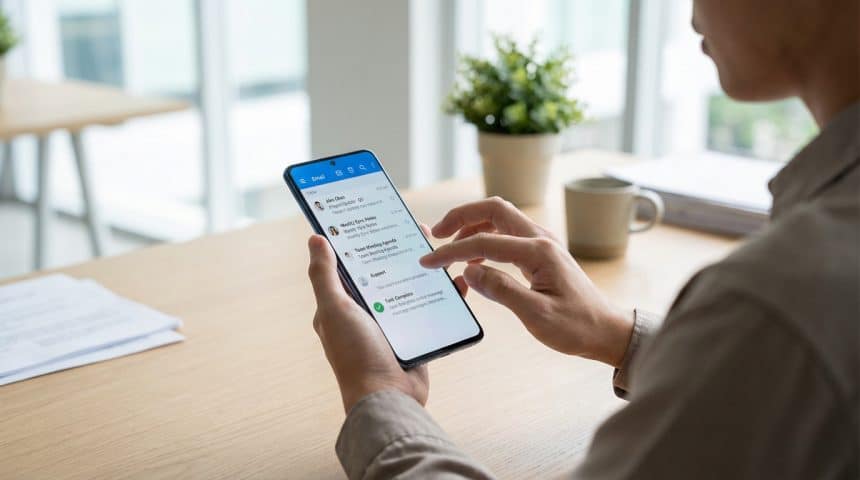 Vue latérale d'une personne consultant et interagissant avec sa boîte mail sur un smartphone. L'écran affiche des messages sur un bureau en bois.