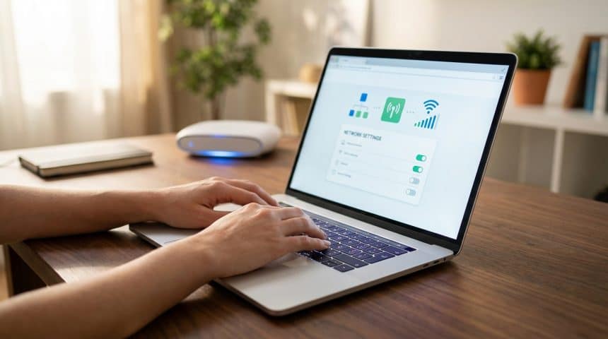 Mains utilisant un ordinateur portable affichant des paramètres réseau Wi-Fi, avec un routeur Freebox lumineux en arrière-plan.