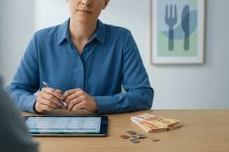 Personne consultant un tableur sur tablette, avec titres-restaurant et monnaie. Image illustrant la gestion des frais de repas déductibles.