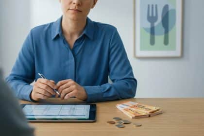 Personne consultant un tableur sur tablette, avec titres-restaurant et monnaie. Image illustrant la gestion des frais de repas déductibles.