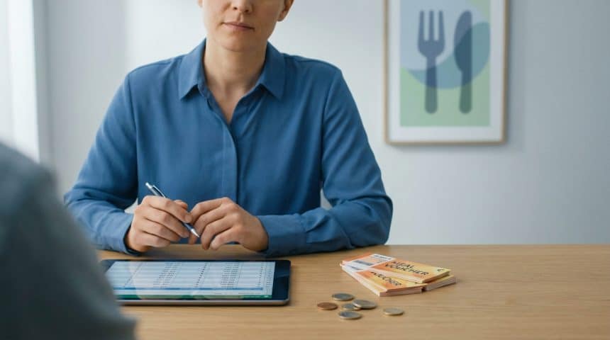 Personne consultant un tableur sur tablette, avec titres-restaurant et monnaie. Image illustrant la gestion des frais de repas déductibles.