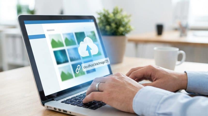 Mains tapant sur un ordinateur portable affichant une interface d'hébergement d'images avec un icône de nuage et un lien d'accès.