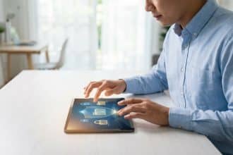 Un homme utilise une tablette affichant des symboles de sécurité pour accéder à ses fiches de paie dématérialisées via Nibelis.