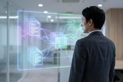 Homme en costume regardant une interface holographique lumineuse affichant des documents juridiques et données interconnectées.