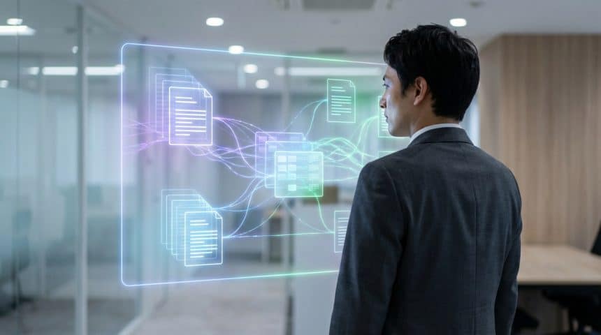 Homme en costume regardant une interface holographique lumineuse affichant des documents juridiques et données interconnectées.