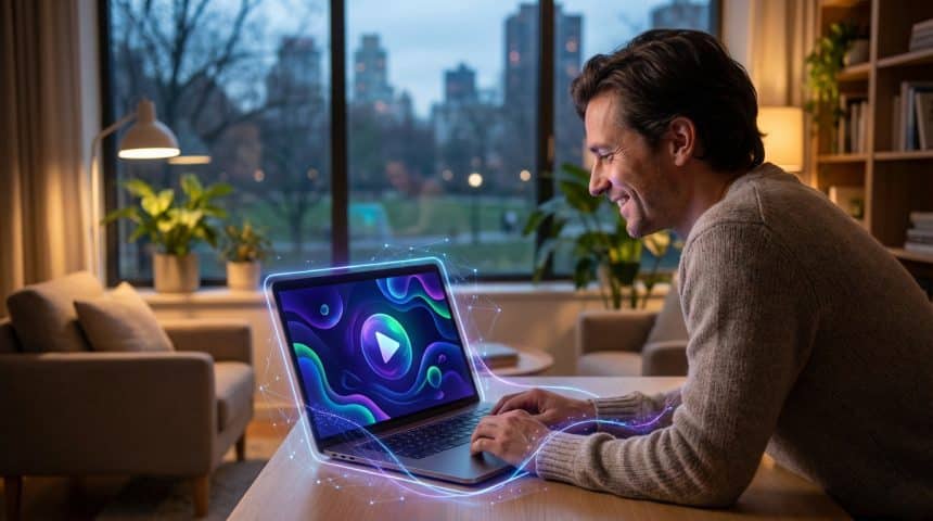 Un homme souriant regarde un ordinateur portable avec un écran abstrait et un bouton lecture, entouré de lignes lumineuses.