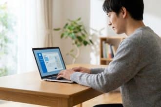 Jeune homme asiatique configurant son mail Bouygues Bbox sur un ordinateur portable, affichant une interface bleue.