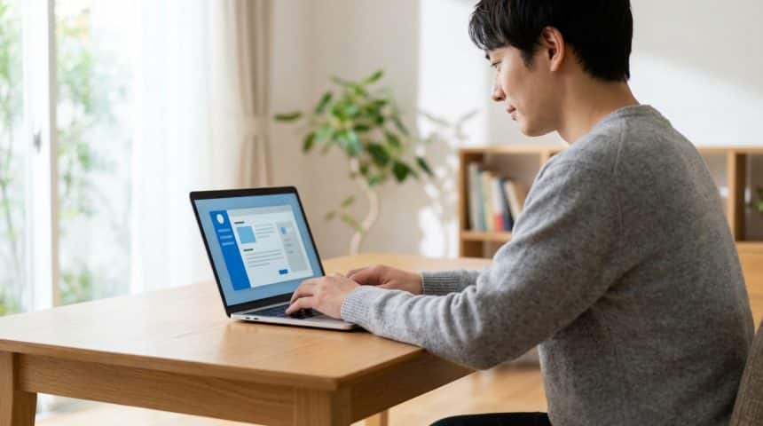 Jeune homme asiatique configurant son mail Bouygues Bbox sur un ordinateur portable, affichant une interface bleue.
