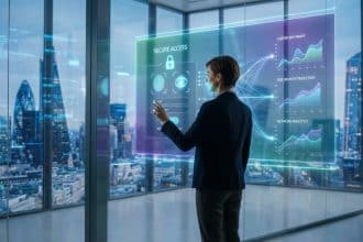 Professionnel interagissant avec un écran tactile holographique pour un accès sécurisé et des analyses de données, devant un panorama urbain moderne.
