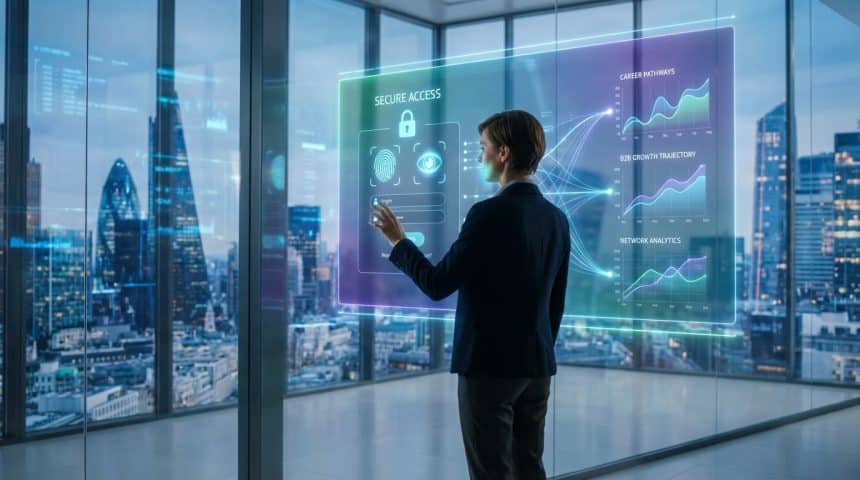Professionnel interagissant avec un écran tactile holographique pour un accès sécurisé et des analyses de données, devant un panorama urbain moderne.