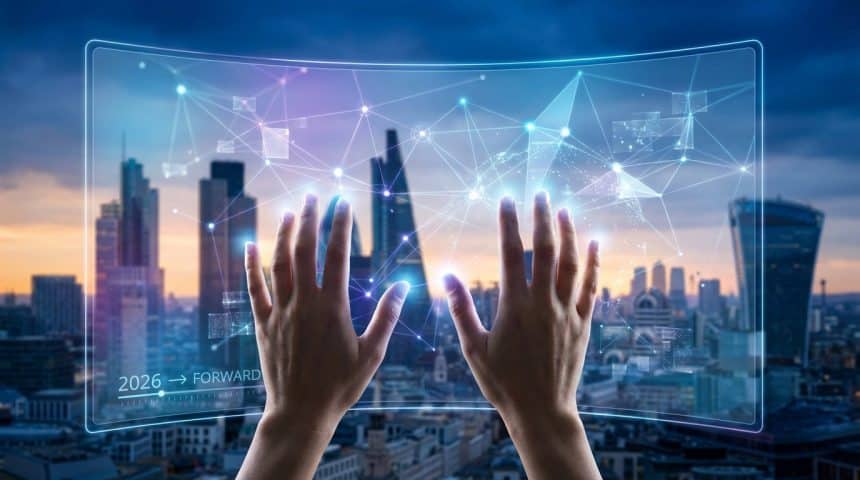 Mains humaines interagissant avec un écran holographique affichant un réseau de données futuriste, avec une ville en arrière-plan.