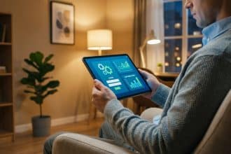 Un homme en pull gris utilise une tablette pour se connecter à un service en ligne. L'écran affiche une interface de connexion et des graphiques dans un salon chaleureux.
