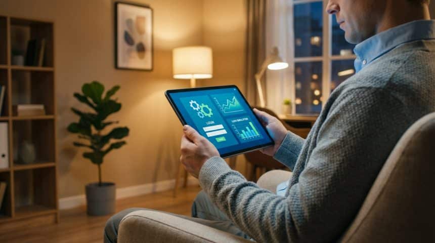 Un homme en pull gris utilise une tablette pour se connecter à un service en ligne. L'écran affiche une interface de connexion et des graphiques dans un salon chaleureux.