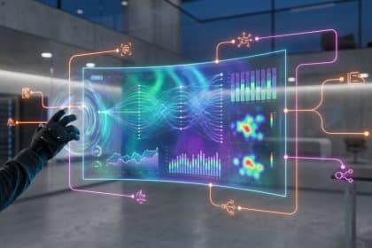 Une main gantée interagit avec une interface holographique affichant des graphiques de données complexes dans un environnement futuriste.