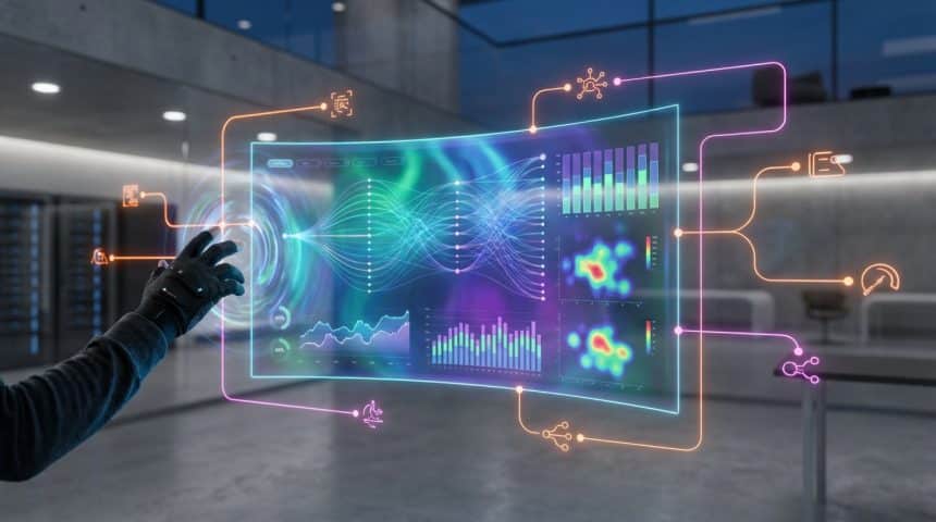 Une main gantée interagit avec une interface holographique affichant des graphiques de données complexes dans un environnement futuriste.
