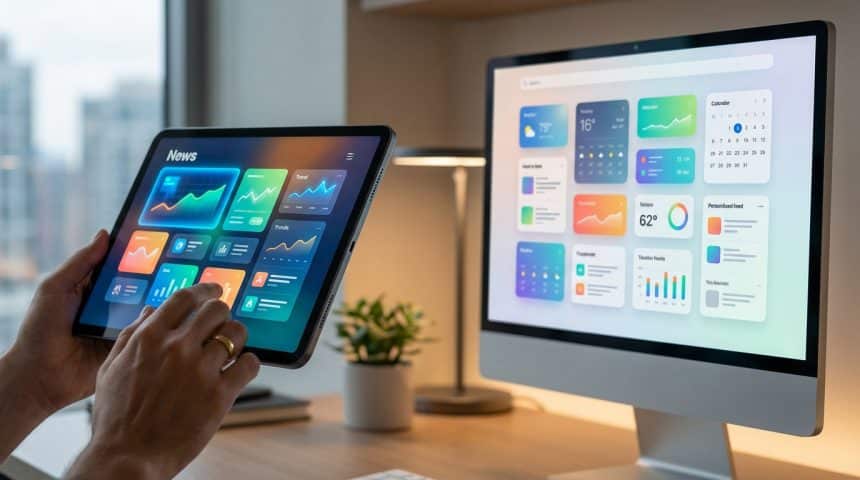 Personne naviguant sur une tablette affichant une application d'actualités et de graphiques, avec un moniteur de bureau montrant un tableau de bord.