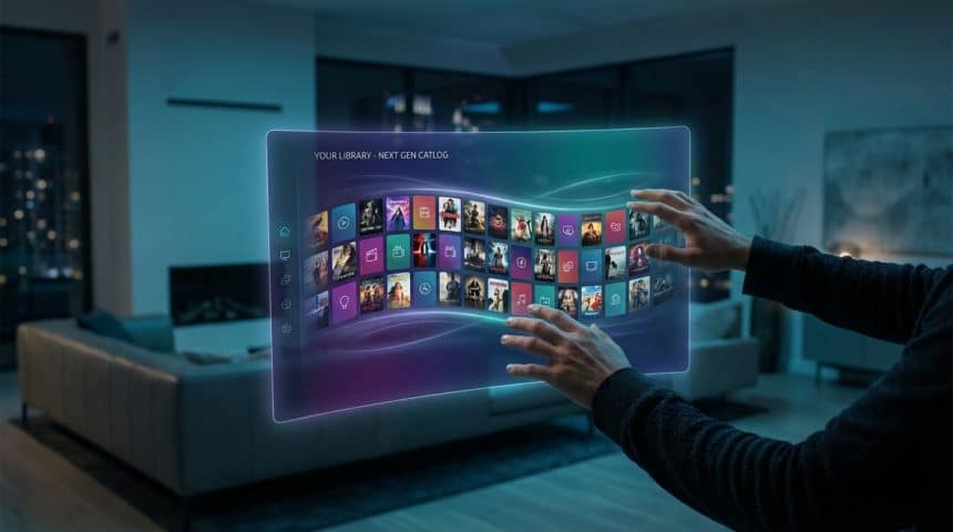 Mains naviguant sur une interface holographique lumineuse présentant un catalogue de médias dans un salon moderne et sombre.