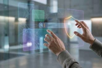 Mains interagissant avec une interface numérique holographique : barre de recherche, icône de bouclier de sécurité et réseau.