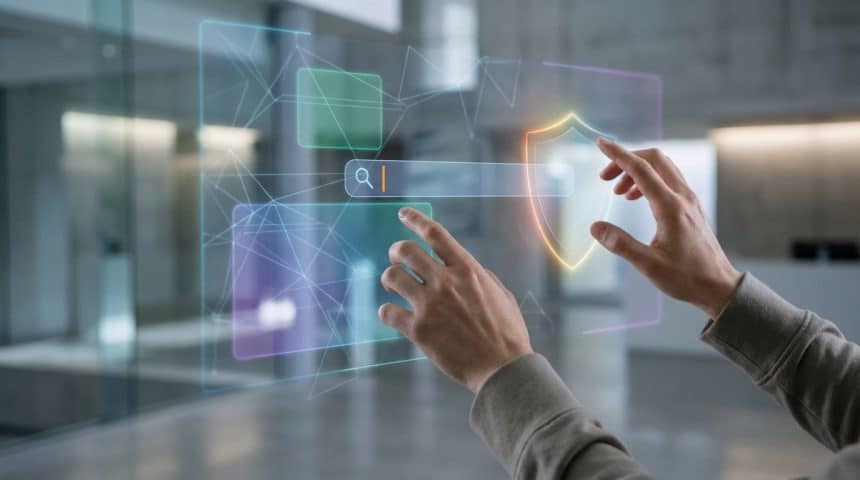 Mains interagissant avec une interface numérique holographique : barre de recherche, icône de bouclier de sécurité et réseau.