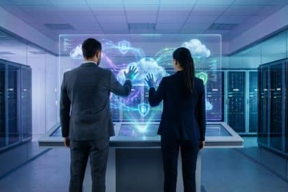 Personnes manipulant un écran holographique de gestion cloud dans un centre de données futuriste avec icônes de sécurité.