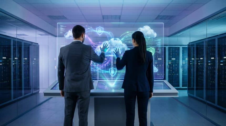 Personnes manipulant un écran holographique de gestion cloud dans un centre de données futuriste avec icônes de sécurité.