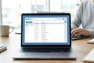 Vue rapprochée d'un ordinateur portable affichant une interface de webmail, avec une personne tapant au clavier en arrière-plan. Sur le bureau, une tasse et des carnets.