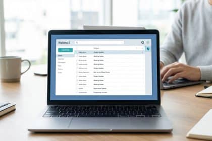 Vue rapprochée d'un ordinateur portable affichant une interface de webmail, avec une personne tapant au clavier en arrière-plan. Sur le bureau, une tasse et des carnets.