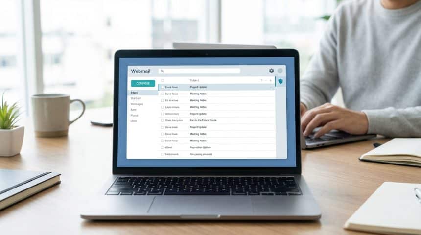 Vue rapprochée d'un ordinateur portable affichant une interface de webmail, avec une personne tapant au clavier en arrière-plan. Sur le bureau, une tasse et des carnets.