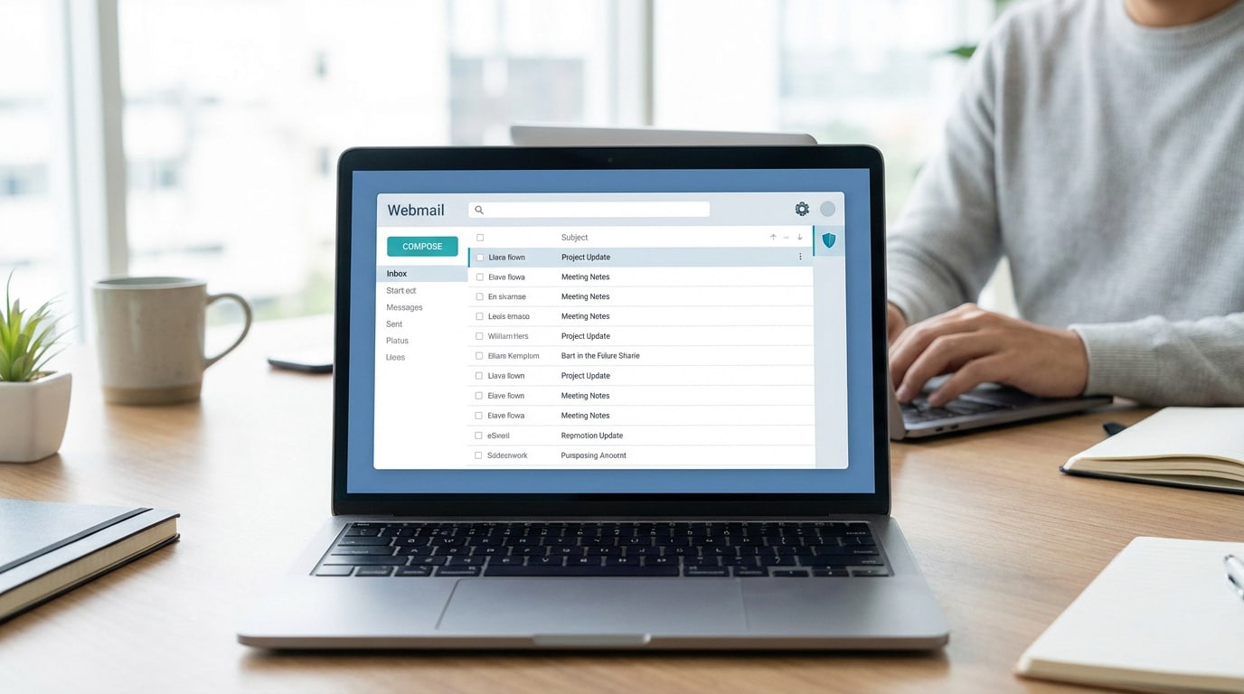 Vue rapprochée d'un ordinateur portable affichant une interface de webmail, avec une personne tapant au clavier en arrière-plan. Sur le bureau, une tasse et des carnets.