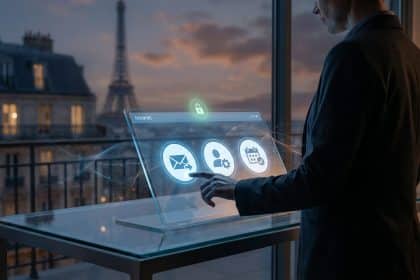 Homme interagissant avec un écran holographique affichant l'intranet de la ville de Paris, avec la Tour Eiffel en arrière-plan au crépuscule.