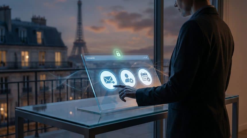 Homme interagissant avec un écran holographique affichant l'intranet de la ville de Paris, avec la Tour Eiffel en arrière-plan au crépuscule.