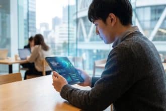 Jeune homme utilisant une tablette affichant "Global Innovation Trends" dans un bureau moderne, illustrant la veille d'actualité.